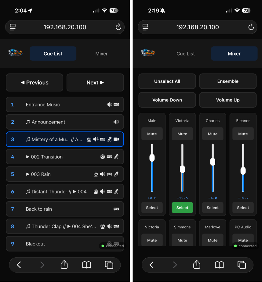CueDirector phone and tablet web remote